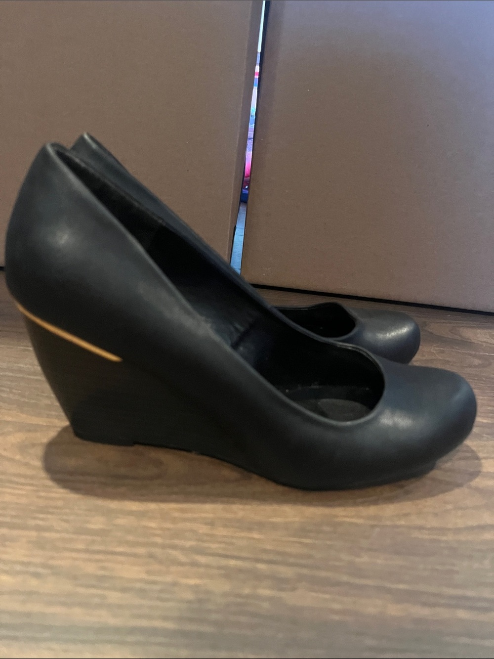Call It Spring Black Wedge Pumps with Gold Heel Accent